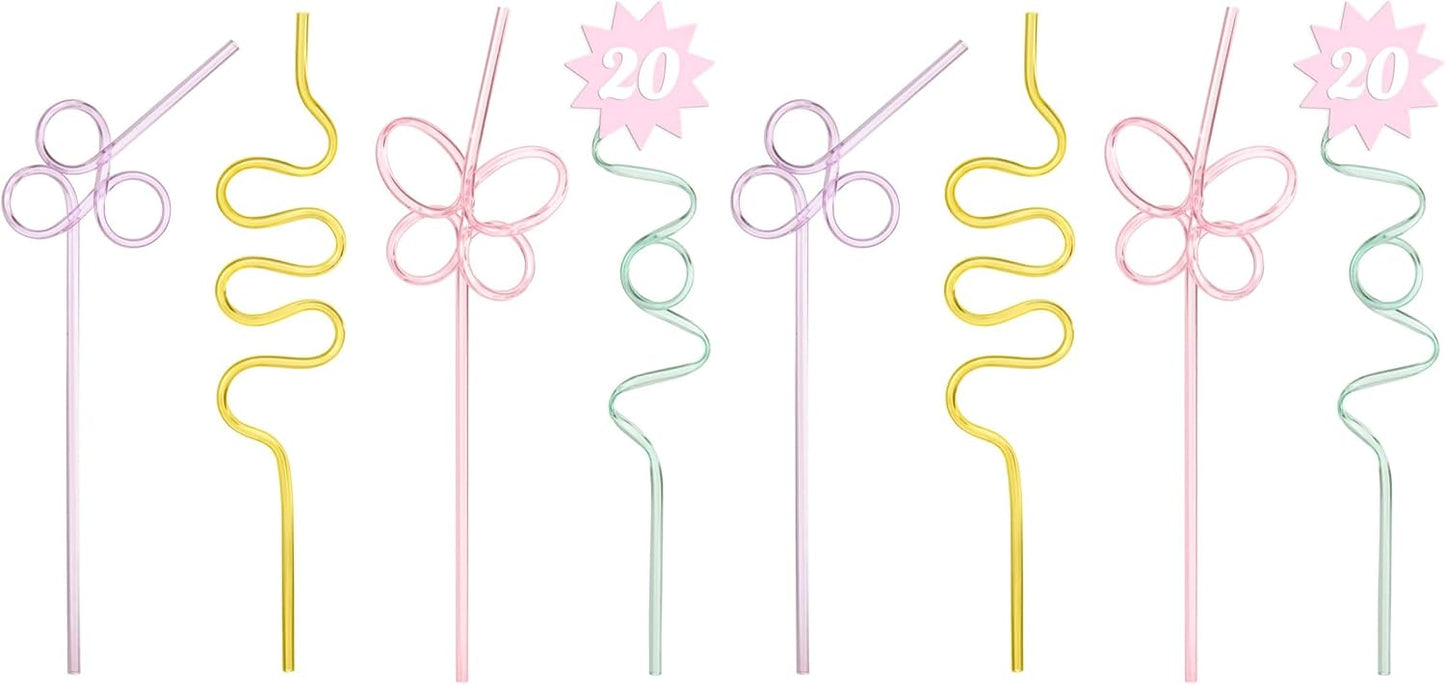 xo, Fetti Pastel Reusable Straw Set - 20 pc | Rainbow Birthday Party, Butterfly Bachelorette, Bridal Shower Decorations | Squiggly, Wavy, (Pack of 2)