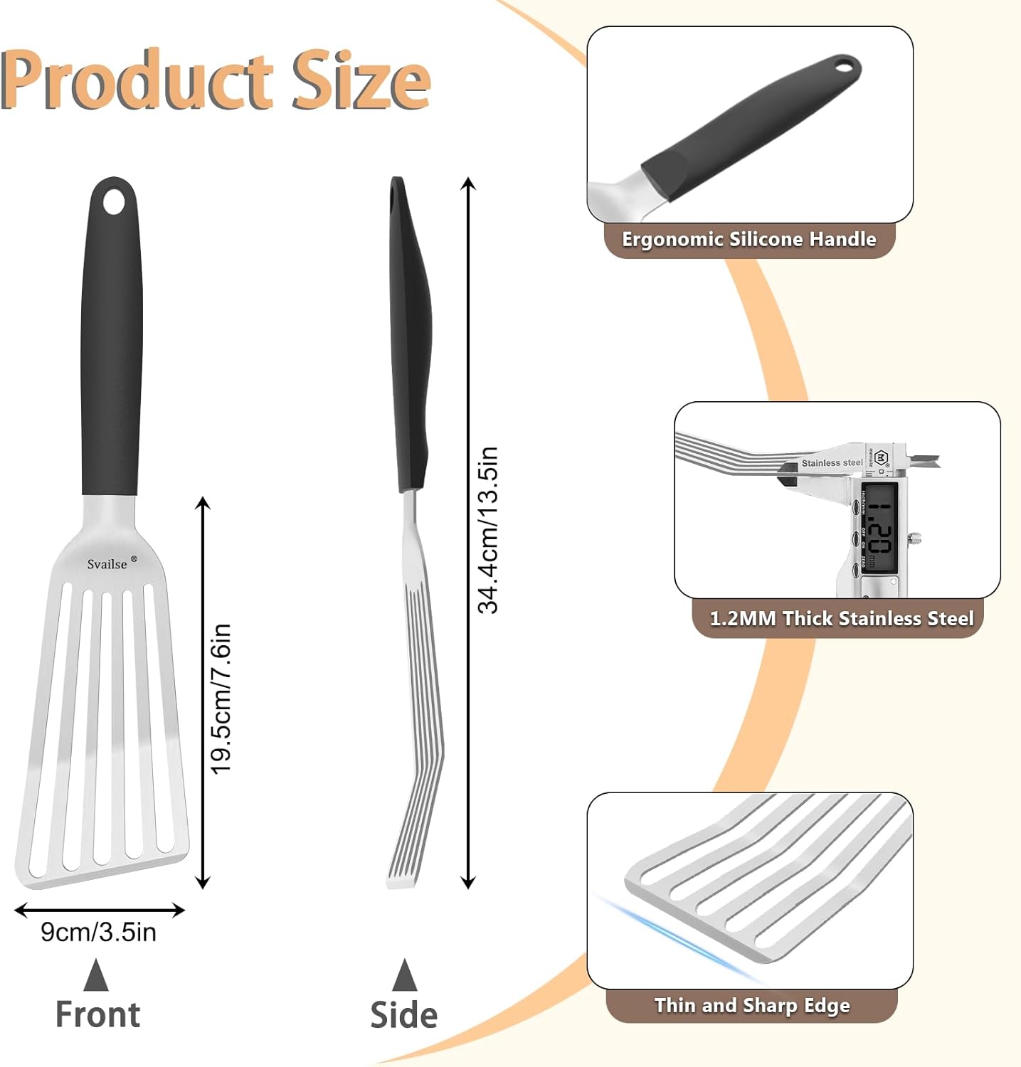 Fish Spatula Stainless Steel, Metal Spatula for Cast Iron Skillet, Slotted Turner with Silicone Handle for Cooking, Grilling, Flipping, Egg, Cookie, Pancake and Burger (Large, 13.5 Inch)