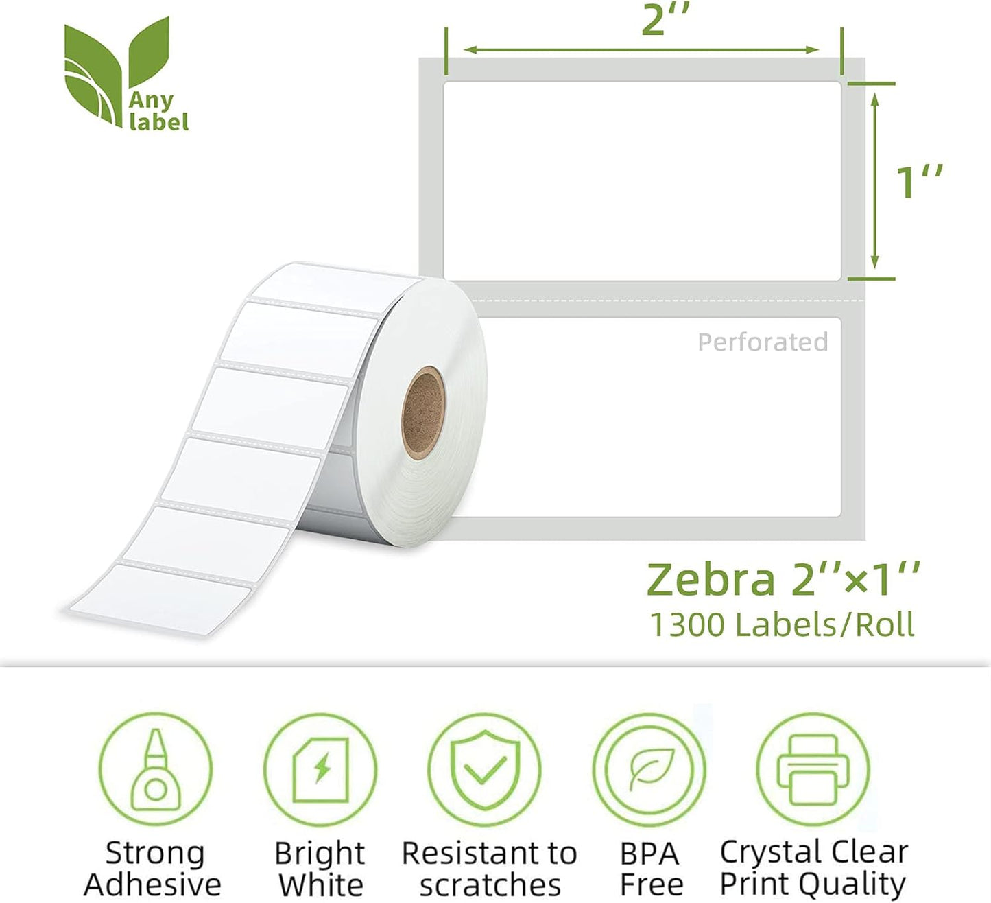 2" x 1" Direct Thermal Label, Paper for Barcodes Postage Address Perforated & Compatible with Rollo, Zebra, Munbyn, Nelko Printers(12 Rolls, 1300 Labels/Roll)