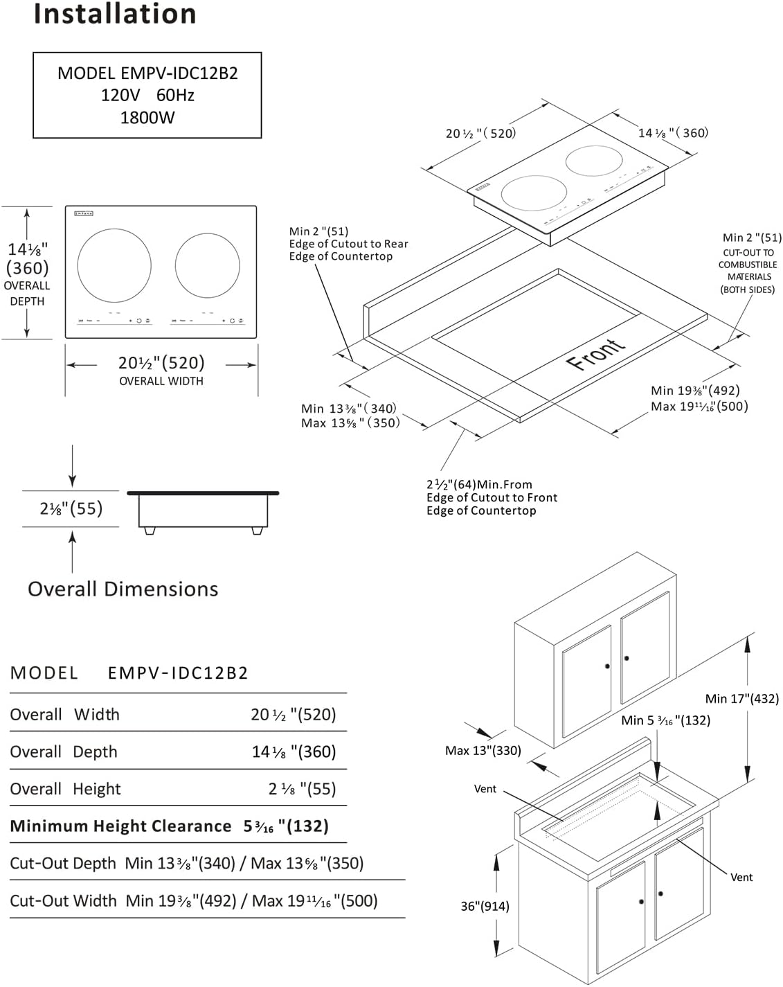 Empava Electric Stove Induction Cooktop Horizontal with 2 Burners in Black Vitro Ceramic Smooth Surface Glass 120V, 12 Inch