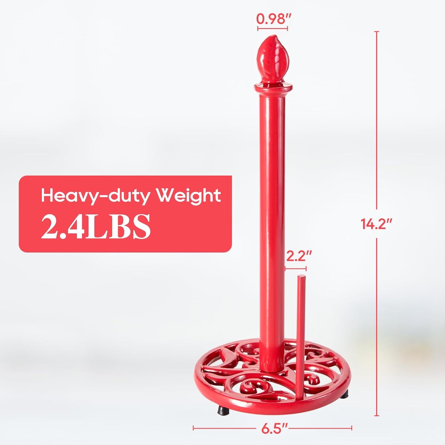 JOGREFUL Paper Towel Holder Stand, Cast Iron Kitchen Paper Towel Countertop Vintage Stand with Weighted-Base, Bathroom Organization for Family Standard Large Size Roll Paper, Leaf Top, Red