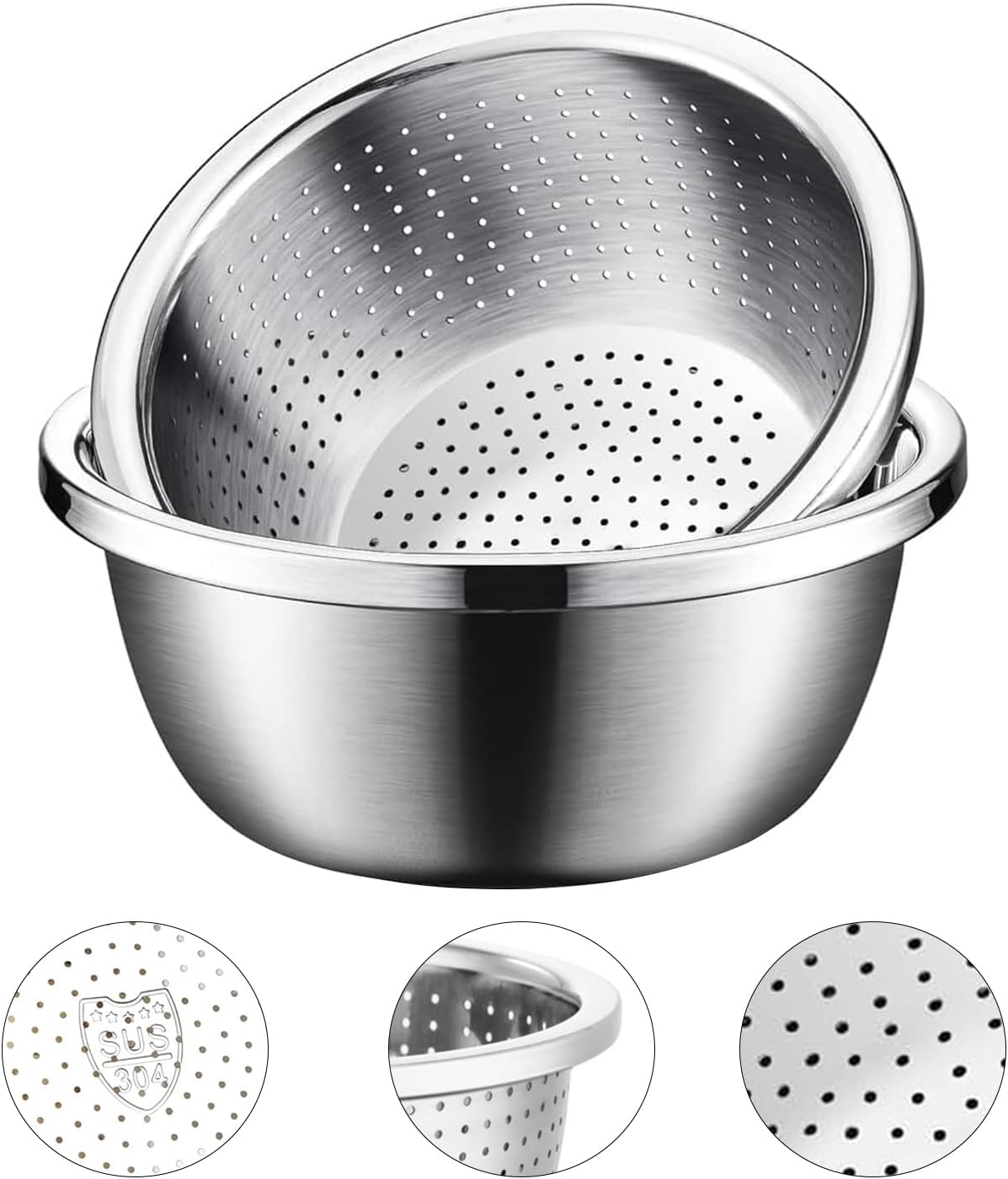 304 Stainless Steel Rice Strainer - Microporous ColanderBeans Washer Strainers And Colanders - Washing Bowl for Fruit Washing Bowl With Strainer (2QT)