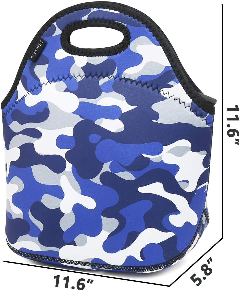 FlowFly Neoprene kids Lunch box Insulated Soft Bag Mini Cooler Thermal Meal Tote Kit for Boys, Girls,Men,Women,School,Work, Office, Blue Camo