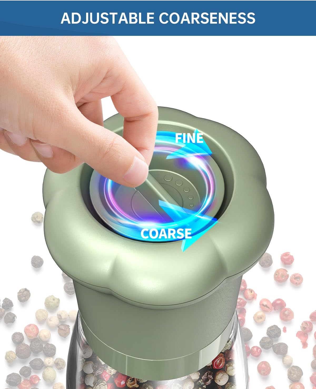 CIRCLE JOY Manual Salt and Pepper Grinder Set For Professional Chef, Refillable Salt and Pepper Shakers with Ceramic Blades, Adjustable Coarseness and BPA-free 180ml Glass Container, Short Green