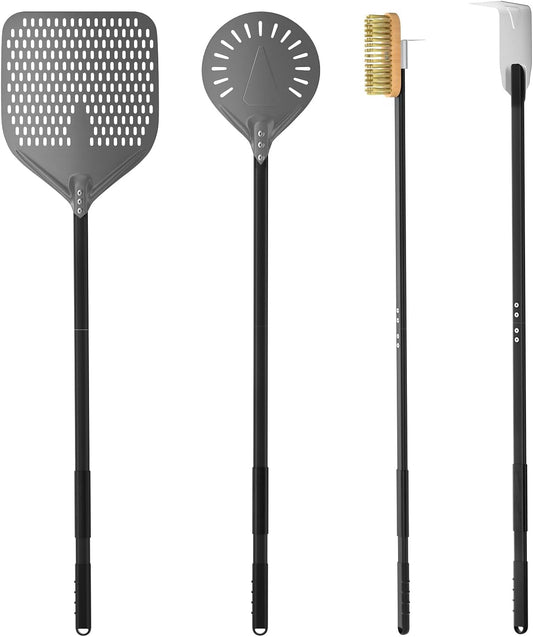 G.a HOMEFAVOR 4-Piece Pizza Oven Accessories, 12-Inch Perforated Pizza Peel, 9-Inch Round Turning Pizza Peel, Pizza Oven Cleaning Brush and Ash Rake for Professional Chef or Pizza Lover