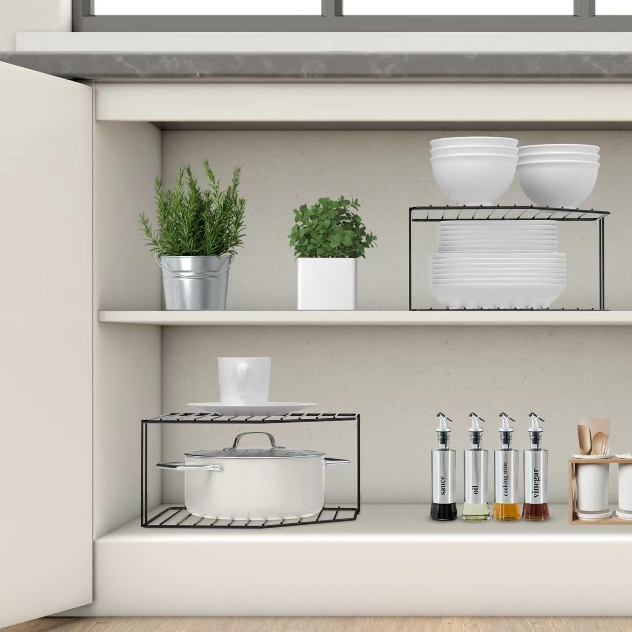 AKAZA 2-Tier Corner Stackable Organizer - Cabinet & Counter Shelf Rack, Storage Rack Organizer for Kitchen (Black)