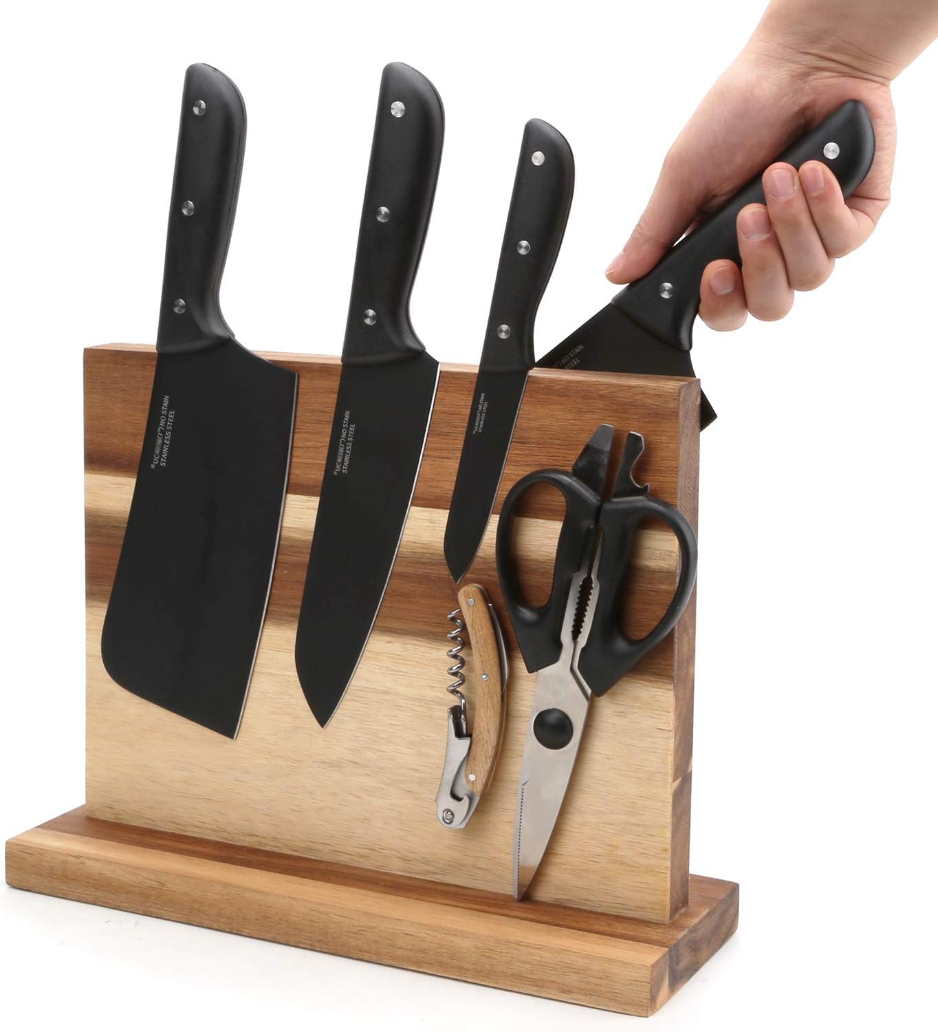 Resafy Large Magnetic Knife Holder,Acacia Wooden Magnetic Knife Block 12 X 10 Inches,Rack Magnetic Universal Stands with Strong Enhanced Magnets Strip Kitchen Storage Cutlery Organizer Without Knifves