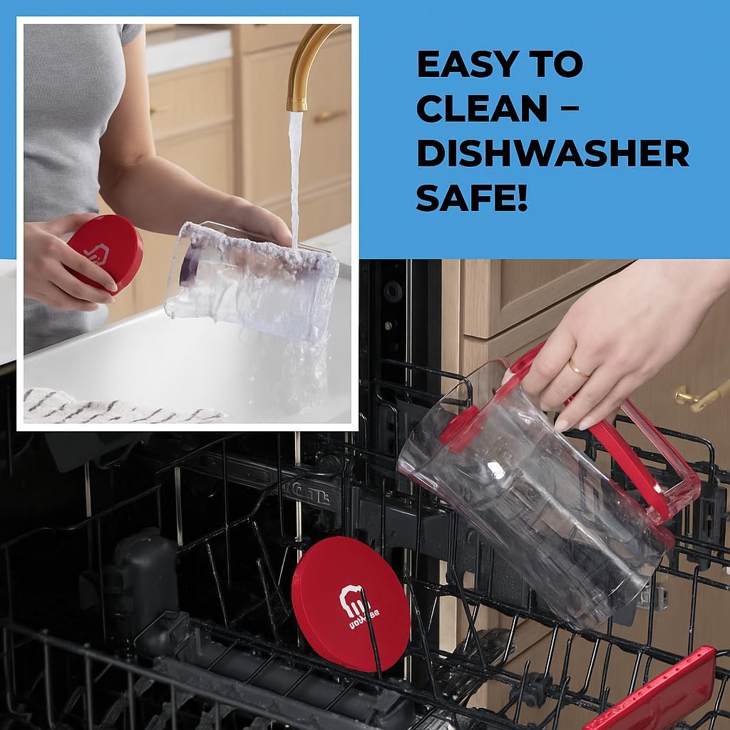 Pancake Batter Dispenser - Kitchen Must Have Tool for Perfect Pancakes, Cupcake, Waffle, Muffin Mix, Cake & Crepe - Easy Pour Baking Supplies for Griddle - Pancake Maker with Measuring Label (Red)