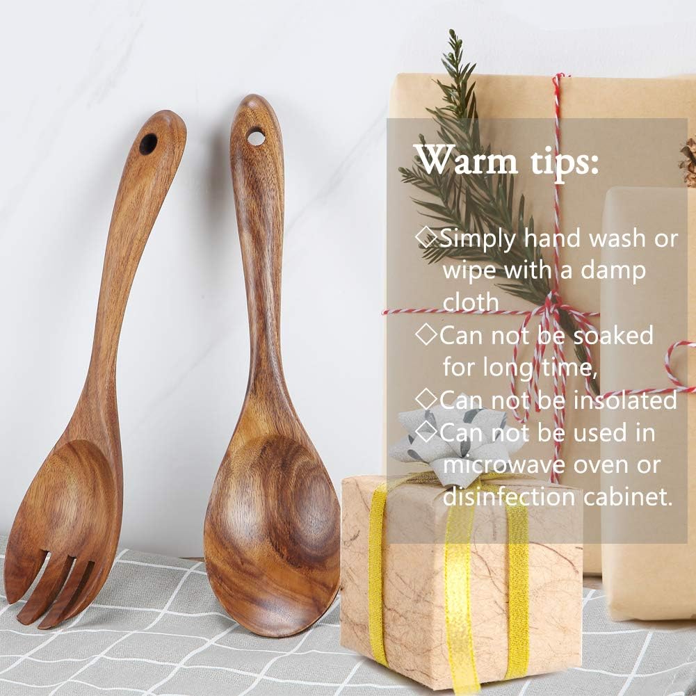KALINCO Wooden Acacia Salad Servers with Salad Spoon and Fork Set Cooking Utensils for Kitchen (Natural Handmade Cookware) (salad servers)