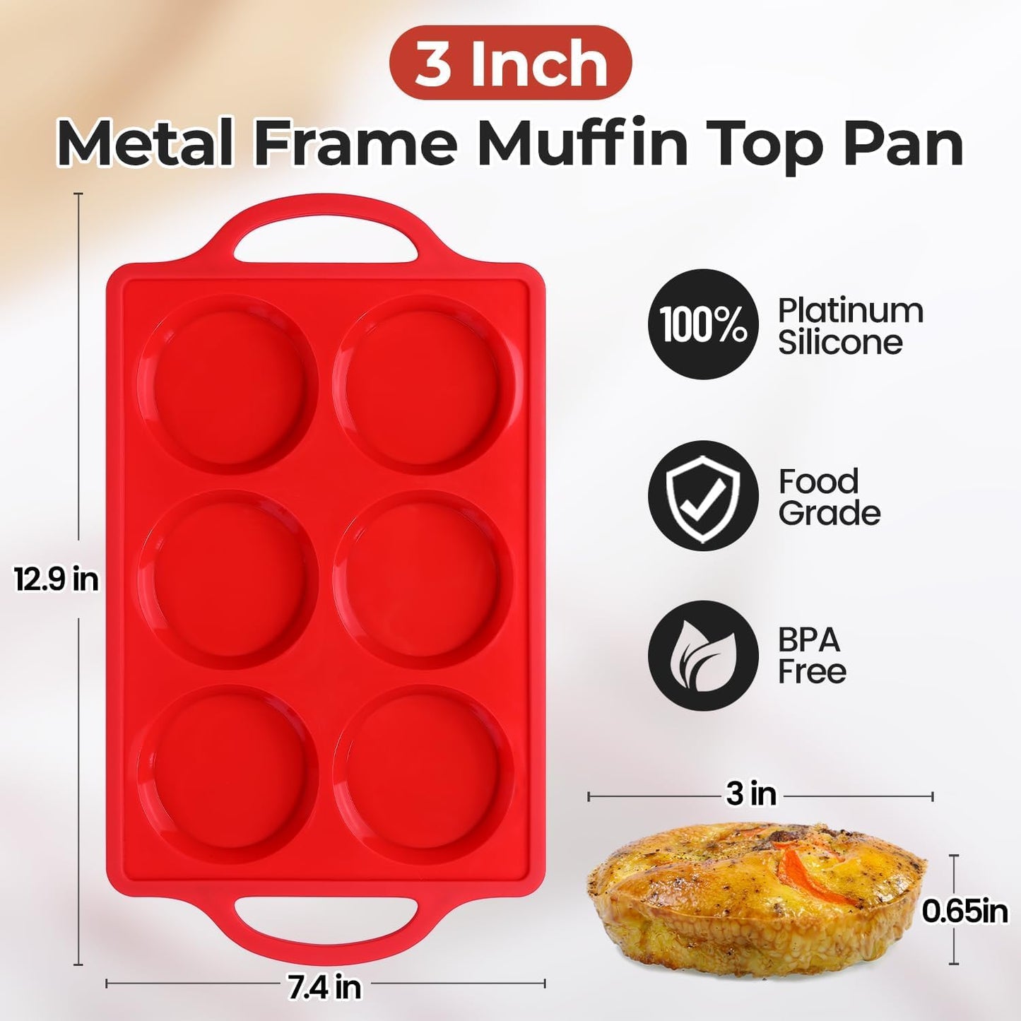 CAKETIME Muffin Top Pan Non Stick, 3 Inch Metal Frame Round Egg Baking Pan for Oven English Muffins, Whoopie Pies, Corn Bread, Egg Bites, Breakfast Sandwiches Tarts 3 Pack Red