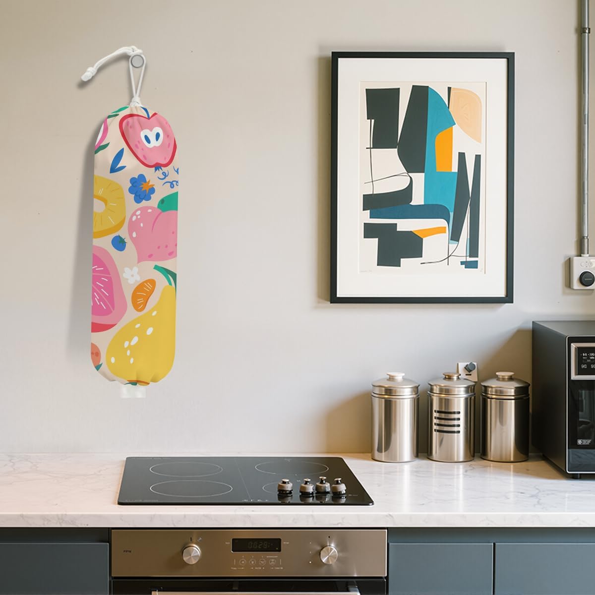 Abstract Summer Fruits Plastic Bag Holder for Kitchen Essentials, Grocery Bag Holder for Plastic Bags, Dragon Fruit Orange Peach Reusable Grocery Bags Storage Dispenser for Home Kitchen Farmhouse