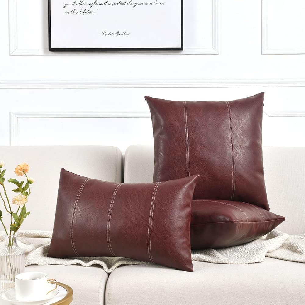 Fancy Homi Burgundy Long Lumbar Faux Leather Decorative Throw Pillow Covers 12x24 Inch for Living Room Couch Bed, Modern Farmhouse Boho Home Decor, Wine Red Hand Stitched Cushion Case 30x60 cm