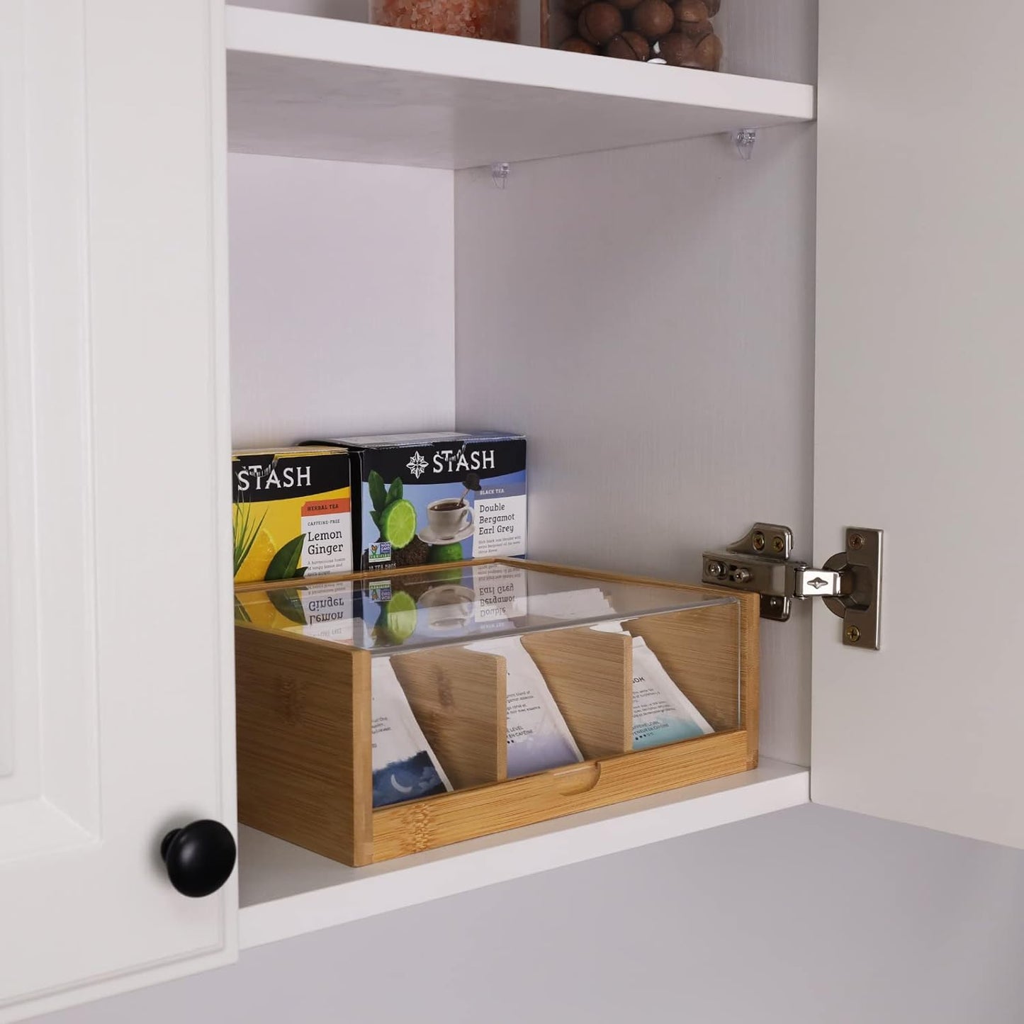 HTB Tea Bag Organizer 6 Compartments Gift Box Bamboo Tea Organizer for Tea Bags with Acrylic Transparent Hinged Lid