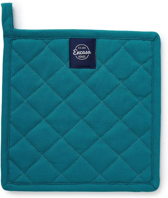 Encasa XO Heat Resistant Cotton Pot Holders with Hanging Loop - Set of 2 - Azul Blue - Multipurpose Quilted Everyday Hot Pad for Kitchen, Camping, BBQ & Microwave - 8x8 in