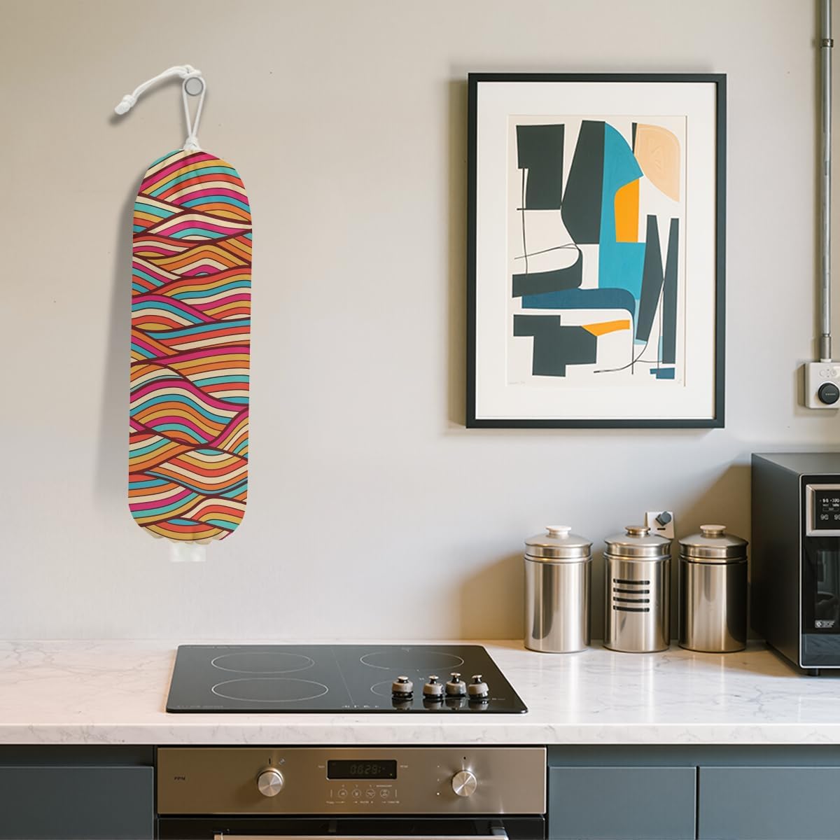 Abstract Wave Seamless Pattern Plastic Bag Holder, Wall Mount Grocery Bag Holder for Plastic Bags, Colorful Wavy Print Reusable Grocery Bags Storage Dispenser, Farmhouse Home Kitchen Decor