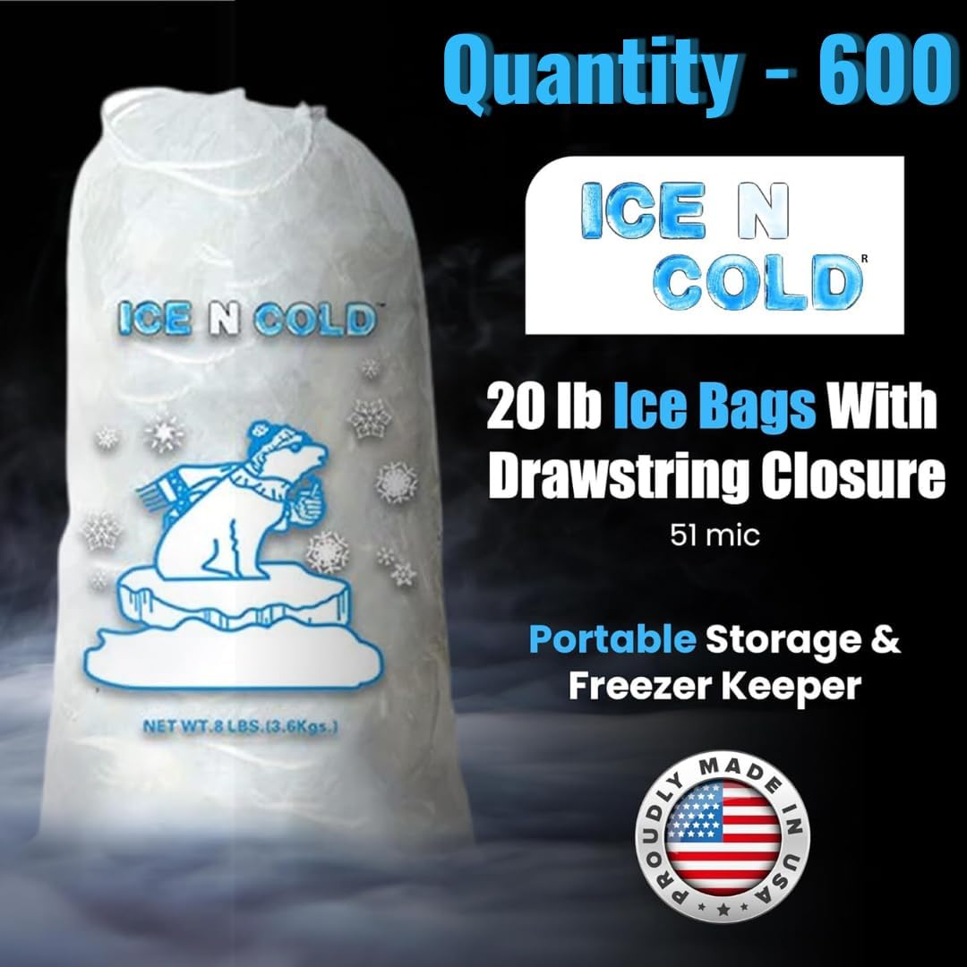 Ice Bags with Drawstring Closure | 20lb, 600ct/cs | 50 mic Thickness | Portable Storage and Freezer Keeper