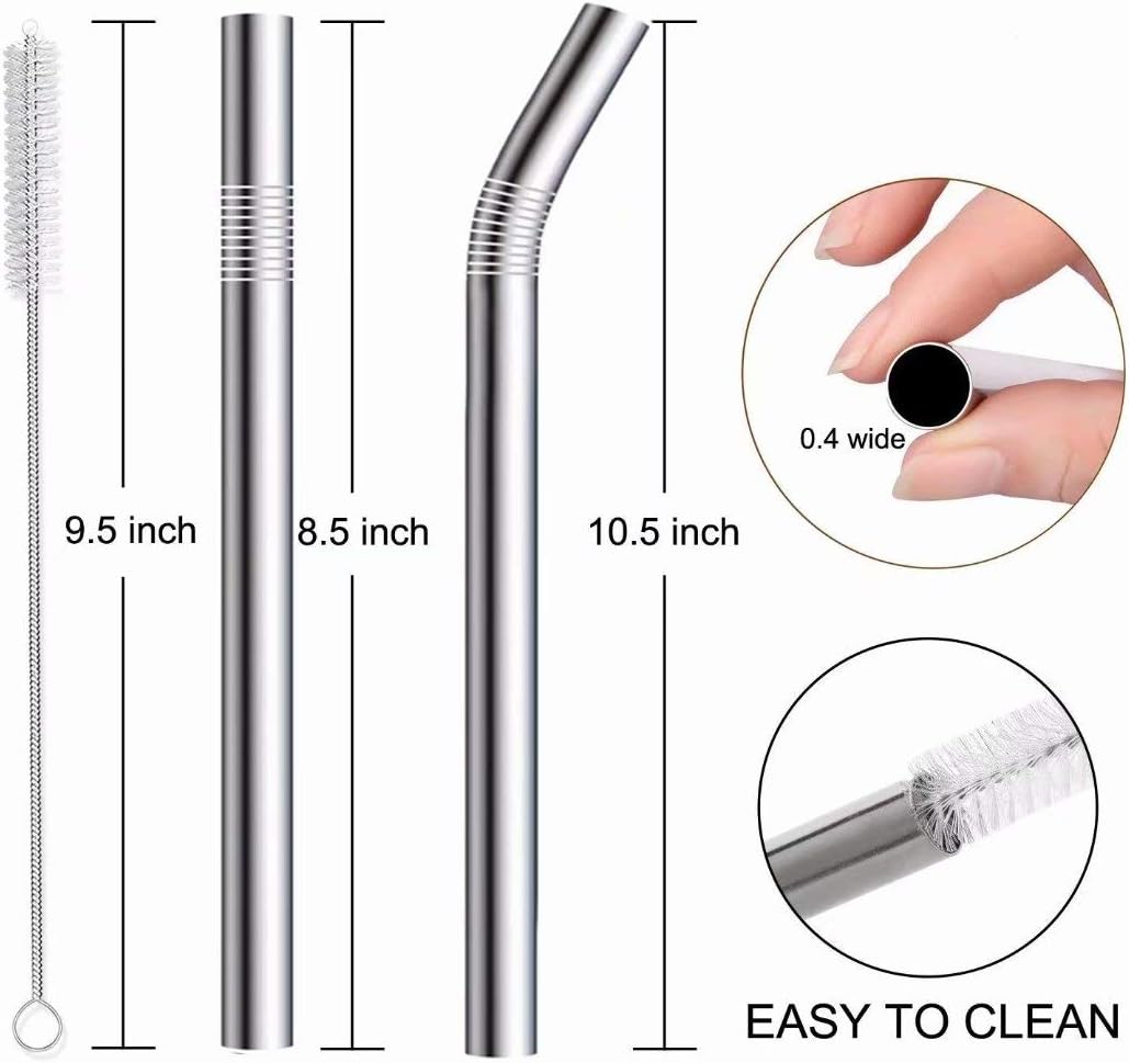 Vinaco Stainless Steel Smoothie Straws, 0.4'' Extra Wide Reusable Metal Drinking Straws for Milkshake, Smoothie, Beverage, Set of 6 with 1 Cleaning Brush (3pcs 10.5'' Bent |3pcs 8.5'' Straight)