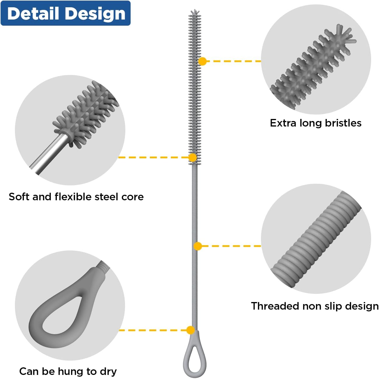 YOTIME Silicone Straw Cleaner Brush, 2Pcs Reusable Straw Brush Extra Long for Cleaning Tumbler with Handle and Glass Metal Smoothie Straws, Non-slip Handle Soft and Bendable, 6mm+9mm, Gray