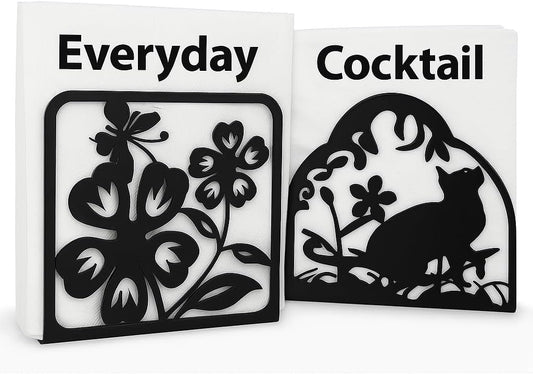 Decorative Metal Napkin Holder Set – Cat & Floral Design – 2 Sizes for Everyday & Cocktail Napkins – Black Modern Kitchen Coffee Filter Holder for Size #2 & #4 coffee filters.