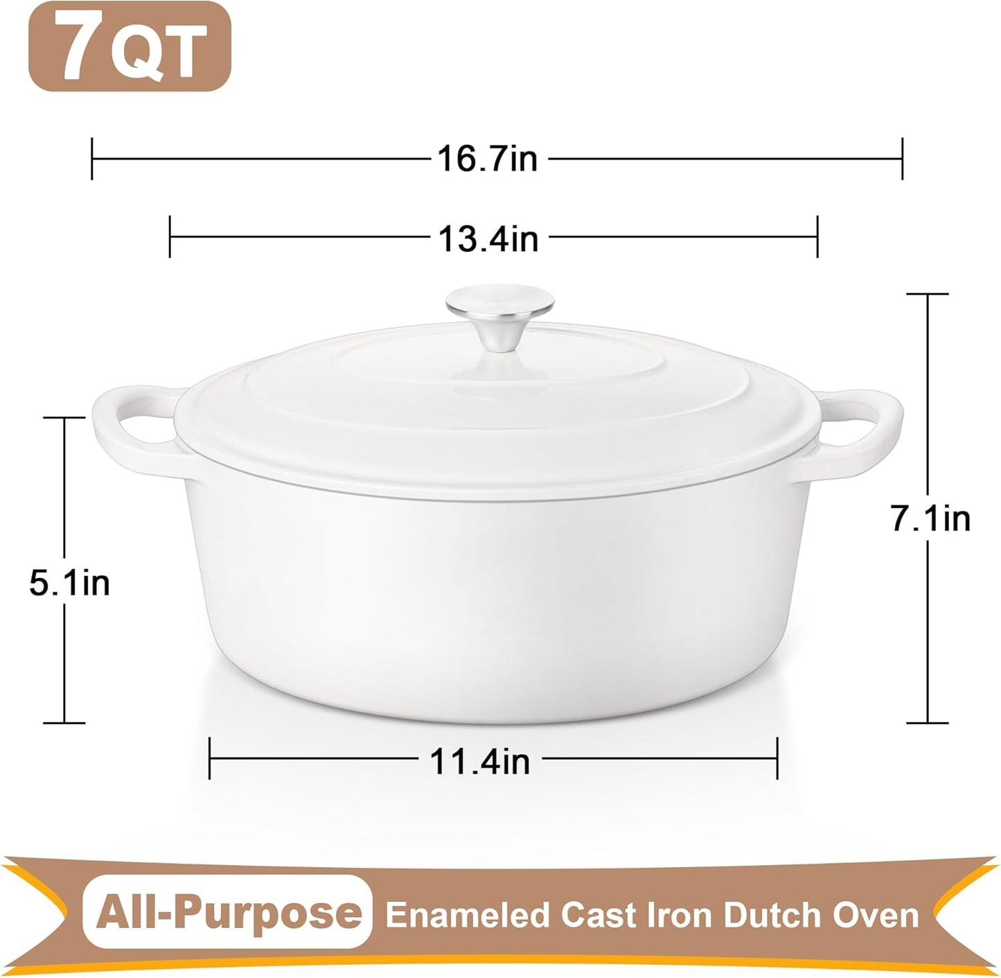 E-far 7QT Oval Dutch Oven Pot with Lid, Enameled Cast Iron Dutch Oven with Dual Handles for Sourdough Bread Baking Cooking, Nonstick Enamel Coated Cookware(White), Non-Toxic & Easy Clean