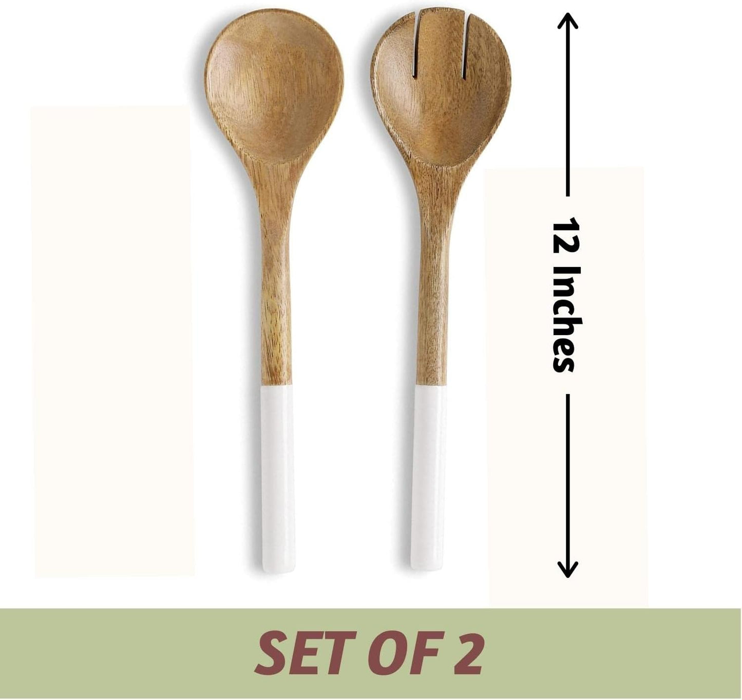 Folkulture Salad Servers or Salad Tongs, Wooden Utensils for Serving Salad, 12-inch Spoon and Fork Set, Mango Wood, White