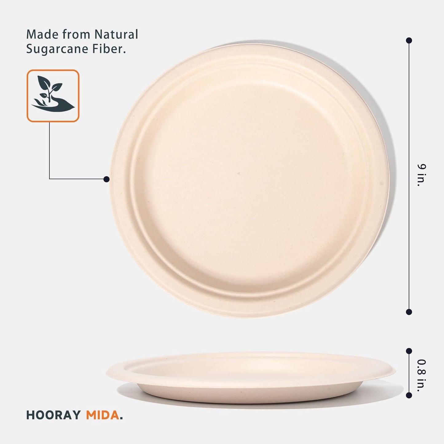 100% Compostable Plates - Disposable, Heavy Duty, Biodegradable, Eco-Friendly (Natural, 9 inch, 125-Count)