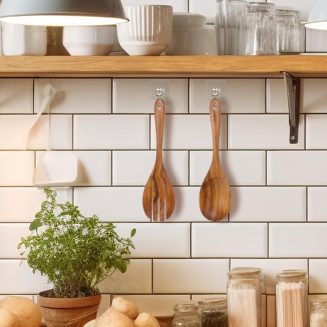 13-Inch Teak Wood Salad Spoon and Fork, Large Wooden Salad Serving Spoon and Spork Pack of 2, Teak Wooden Salad Serving Set, Country Rustic Salad Servers