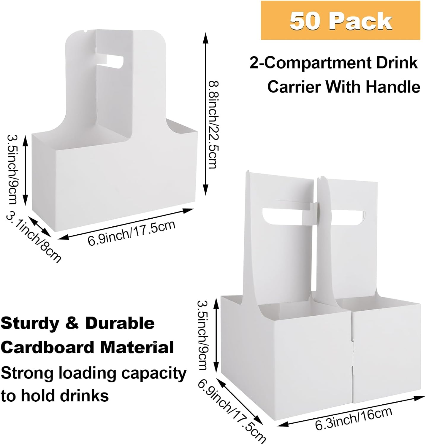 50 Pack 2 Cup Drink Carrier with Handles, Kraft Paperboard Cup Holder, Disposable Cup Carrier Coffee Cup Holder for Hot and Cold Drink Holder Takeout Restaurant Food Delivery