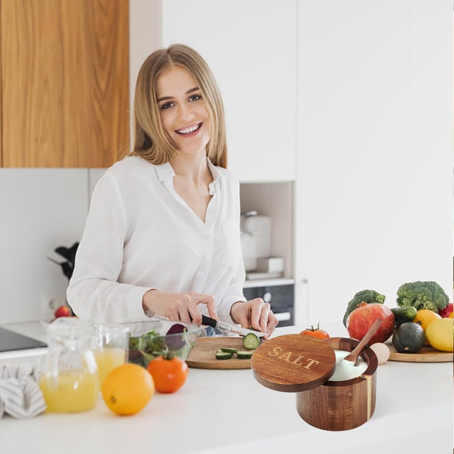 Salt Cellar, Elegant Salt and Pepper Set, 2PCS Acacia Wood Salt Container with Built-in Spoon & Swivel Lid, Engraved SALT & PEPPER Box, Salt Holder for Countertop Seasoning Storage