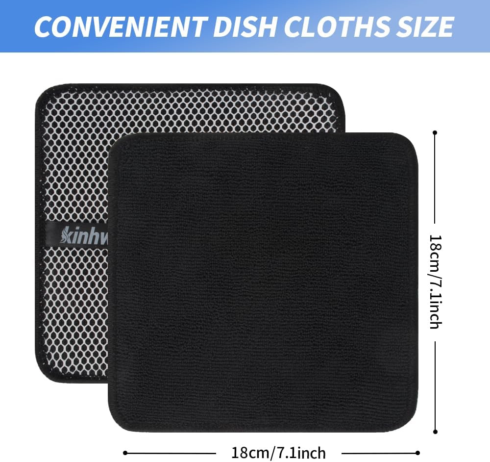 KinHwa Kitchen Washcloths for Dishes Absorbent Microfiber Dish Cloths Quick Dry Dish Rags with Poly Scour Scrub Side Ideal for Kitchen Cleaning (Black, 7inchx7inch 9 Pack)
