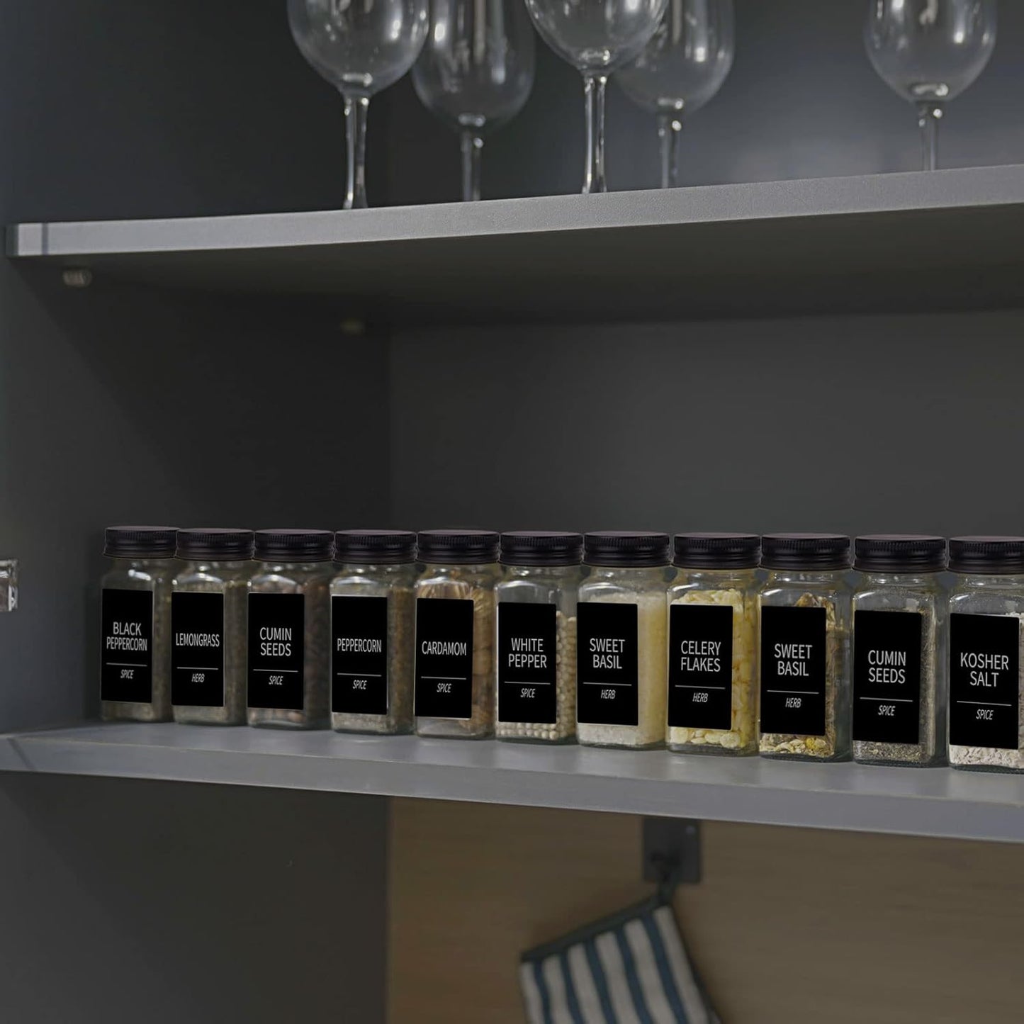 Churboro 48 Spice Jars with 547 Labels- Glass Spice Jars with Black Metal Caps, 4oz Empty Spice Containers with Shaker Lids, Funnel, Chalk Pen, Square Seasoning Bottles for Spice Rack, Drawer, Cabinet