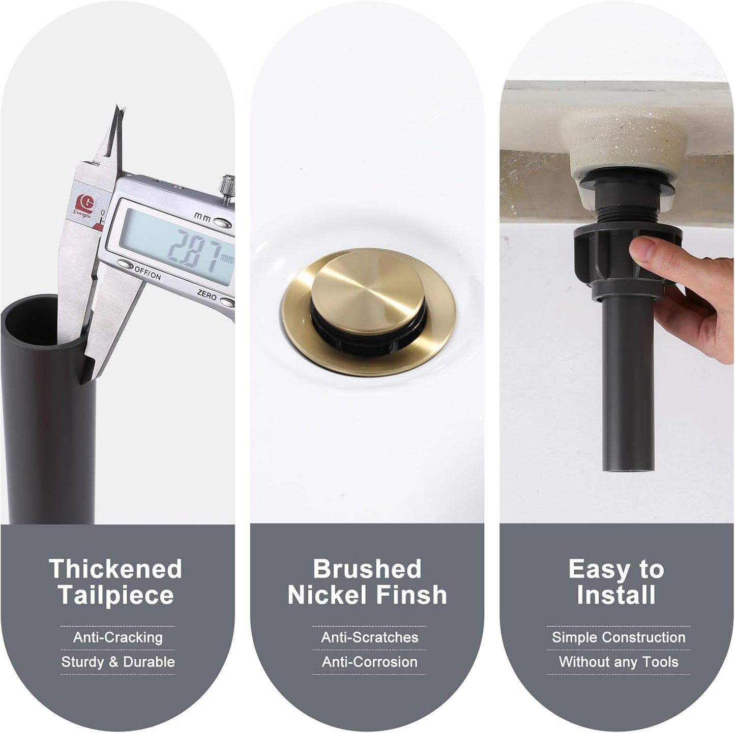 ALEASHA Bathroom Sink Drain with Overflow Vessel Sink Stopper, Pop Up Drain for Bathroom Sink Pop Up Drain Stopper for Hair Catcher, Brushed Gold