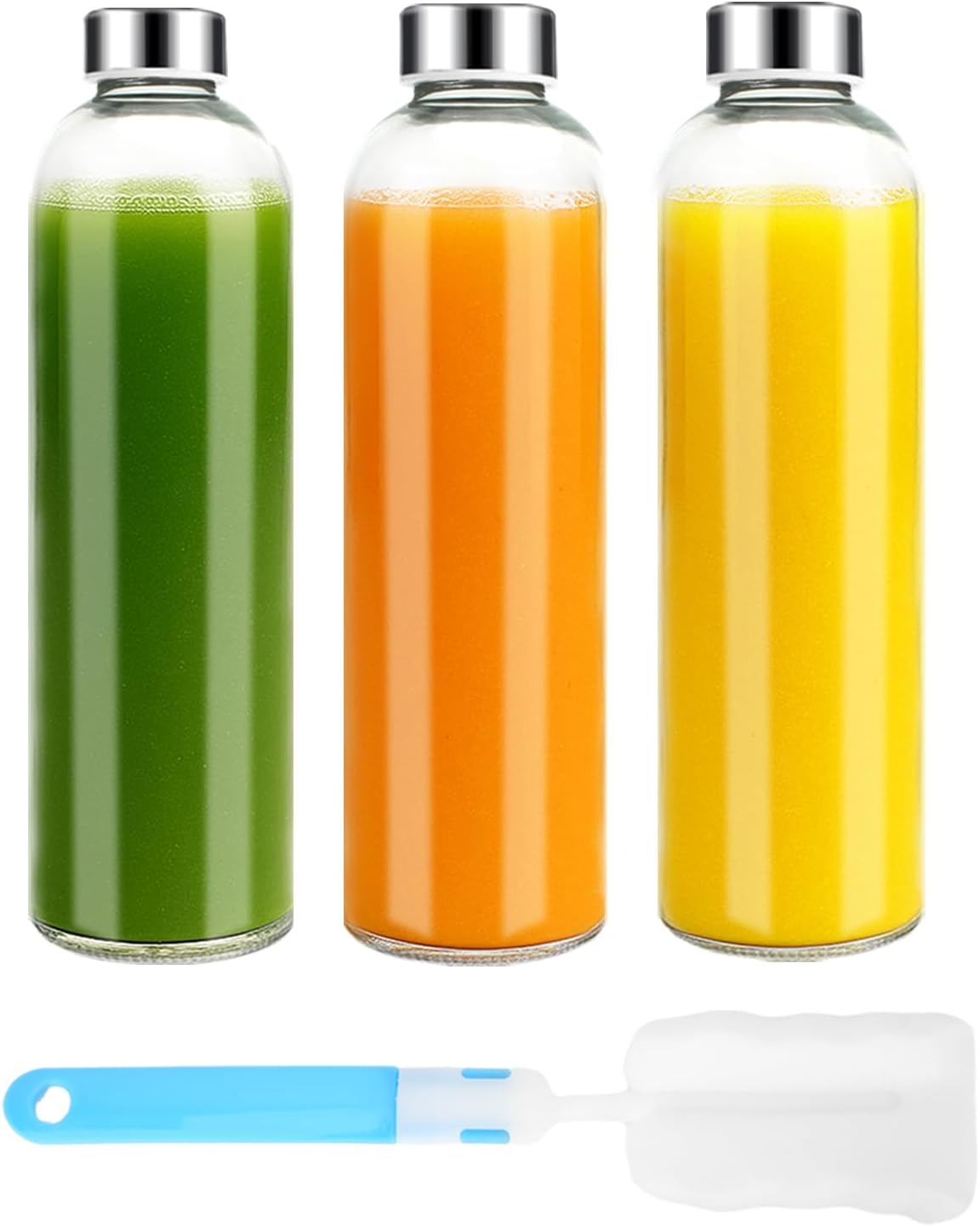 32 oz Clear Glass Water Bottles with Lids, Reusable Glass Juice Bottles with Stainless Steel Cap for Juicing, Refrigerator, 100% Leak Proof, BPA Free, Gift Set of 3