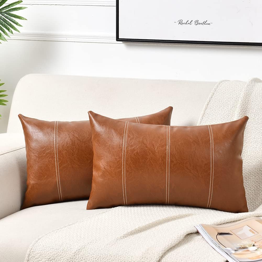 Fancy Homi Brown Boho Long Lumbar Faux Leather Decorative Throw Pillow Covers 12x24 Inch for Living Room Couch Bed Sofa, Hand Stitched Rectangle Cushion Case, Rustic Modern Farmhouse Home Decor