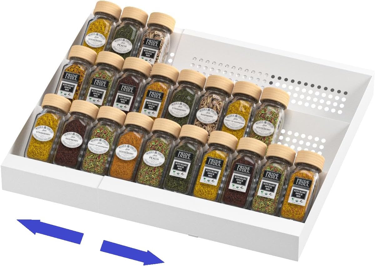 Expandable Metal Spice Drawer Organizer,3-Tier,Slanted Seasoning Jars Tray for Kitchen Cabinet Drawers Insert/Countertop (Jars not included)-3Tier,1pack/White