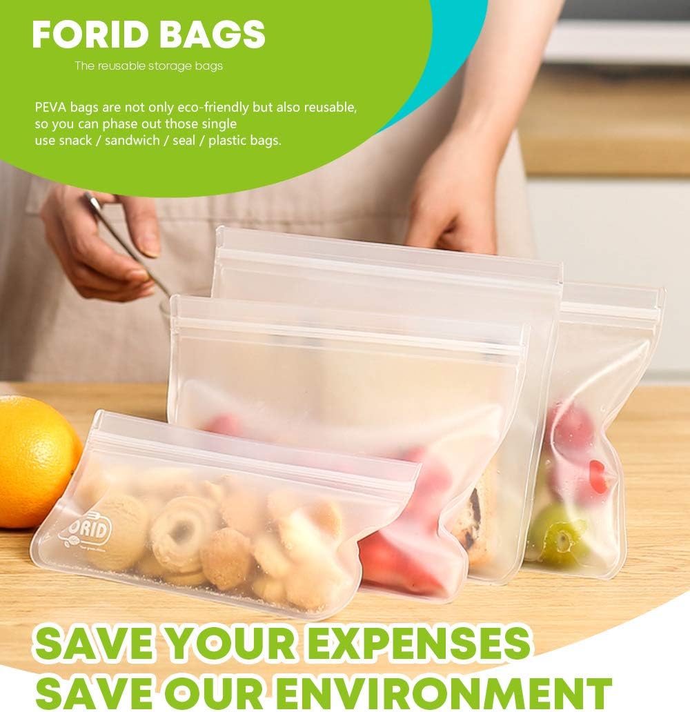 FORID Reusable Storage Bags, 12 Pack Extra Thick Freezer bags (2 Reusable Gallon Bags, 5 Reusable Sandwich Bags, 5 Reusable Snack Bags) FDA Grade LEAKPROOF Lunch Bag for Food Travel Items Storage