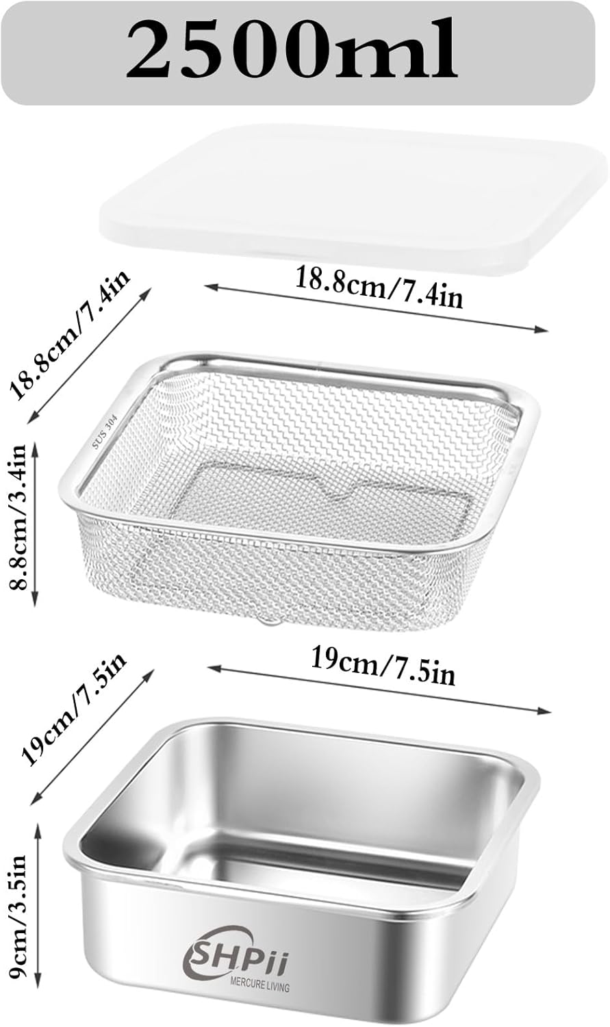Square Colander Set, 304 stainless steel, with PE lid, deli containers, back of the kitchen preparation, washing and draining tools, refrigerator storage, frying oil filter (2500ML)