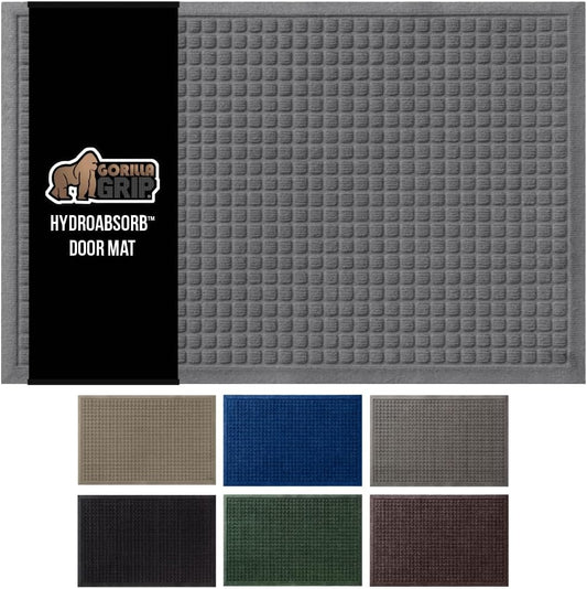 GORILLA GRIP Front Door Mat, 35x23, Indoor Outdoor Ultra Absorbent HydroAbsorb Doormat, Absorbs Up to 5.7 Cups of Water, Stain and Fade Resistant, Rubber Backing Doormats, Captures Dirt, Gray