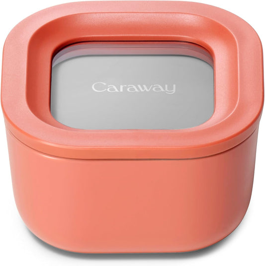 Caraway Mini Square Food Storage Container - 1.75 Cup Glass Storage Container for Food - Non-Toxic Ceramic-Coated Glass - Air Release Technology - Compact & Stackable Design - Perracotta