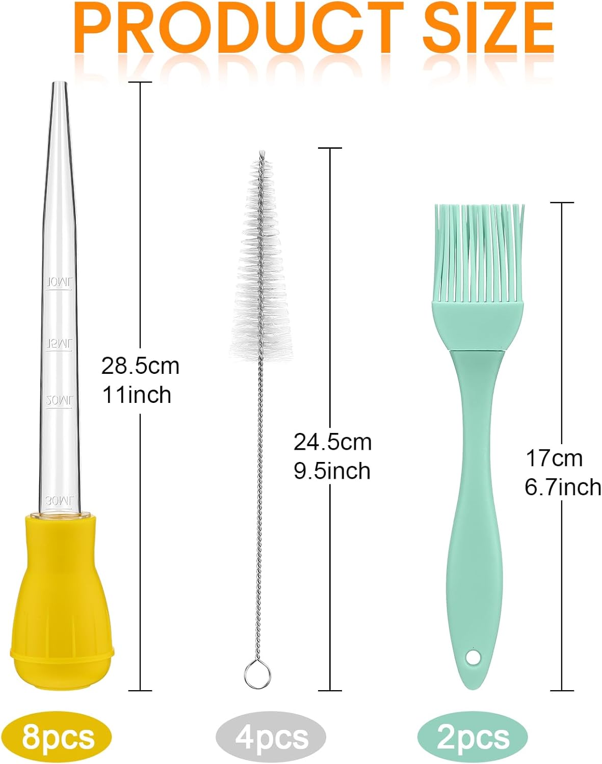 Boao 14 Pcs Heat-resistant Turkey Baster Cooking Set Includes 8 Pcs 11 Inch Turkey Baster, 2 Silicone Basting Brush, 4 Cleaning Brush for Thanksgiving Cooking, BBQ Grill, Baking Meat(Vibrant Color)