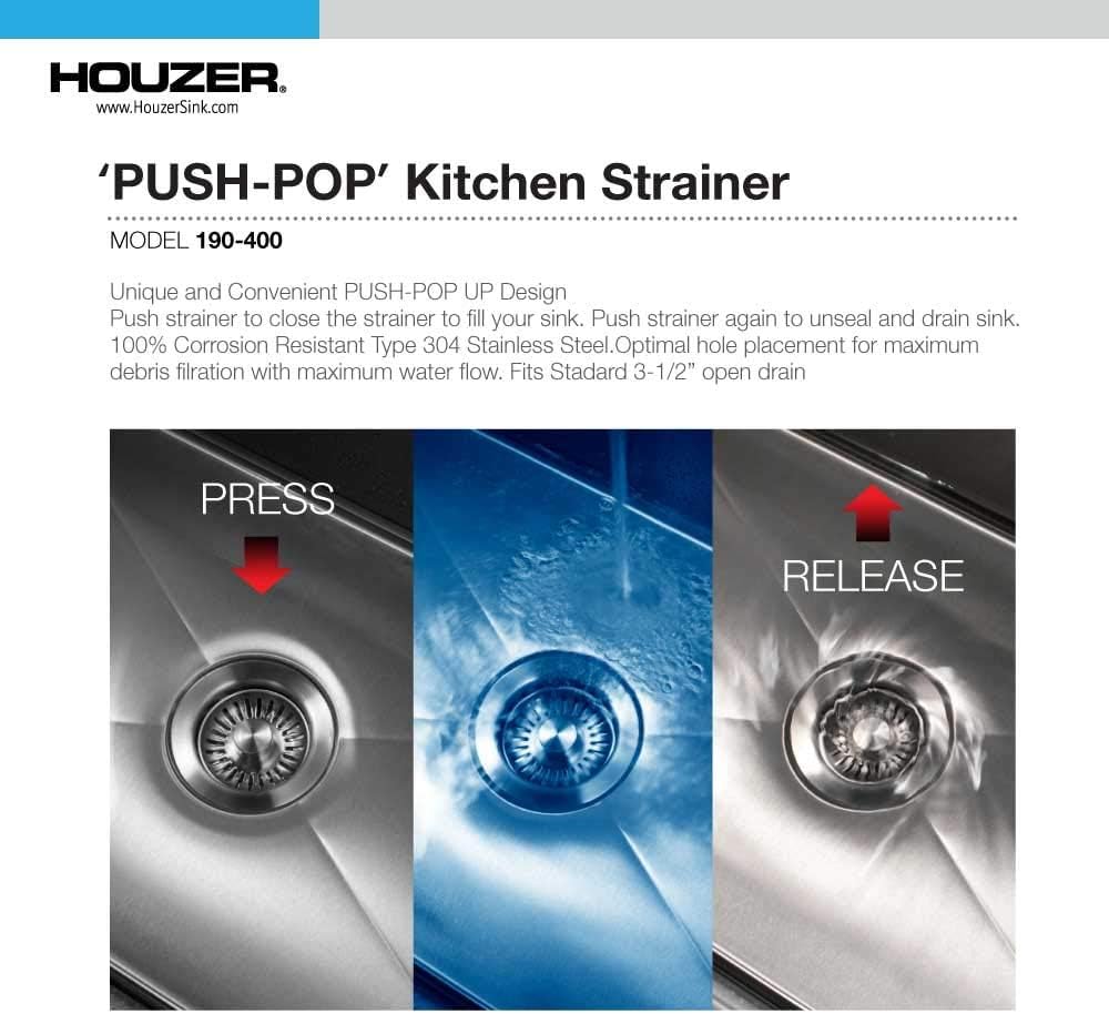 Houzer 190-9400 - 3-1/2 Inch Stainless Steel Pop-Up Kitchen Sink Basket Strainer, Durable Food Catcher Stopper for Metal Kitchen Sink, Ideal for Filtering Waste and Preventing Clogs