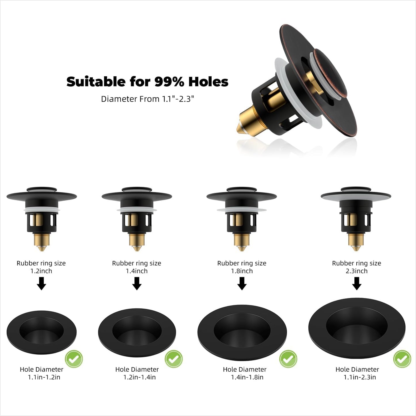 Hibbent All Metal Universal Bathroom Sink Stopper for 1.1''~2.3'' Basin, Pop Up Sink Drain Strainer, Brass Bullet Core Push Type Stopper, Stainless Steel Anti Clogging Drain Filter, Oil-Rubbed Bronze