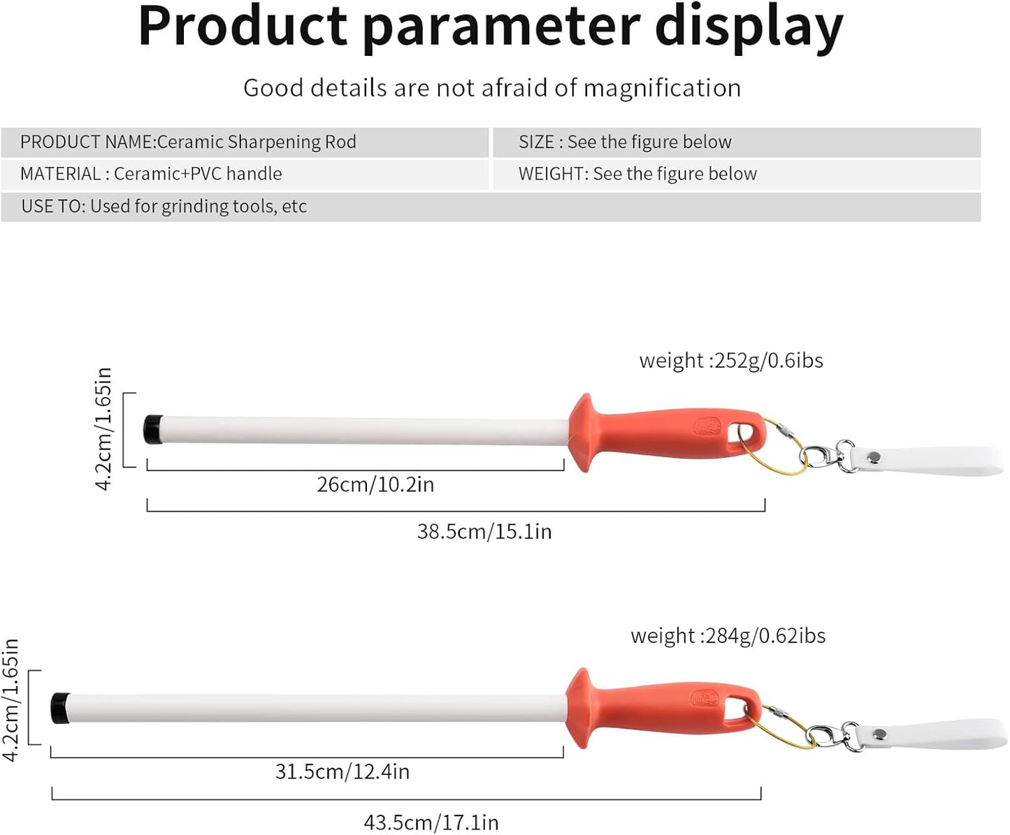 Ceramic Knife Sharpener Rod for Chefs and Home Cooks, Ceramic Honing Rod,Sharpening Steel for Kitchen Knives, Steak Blades (10 inch)