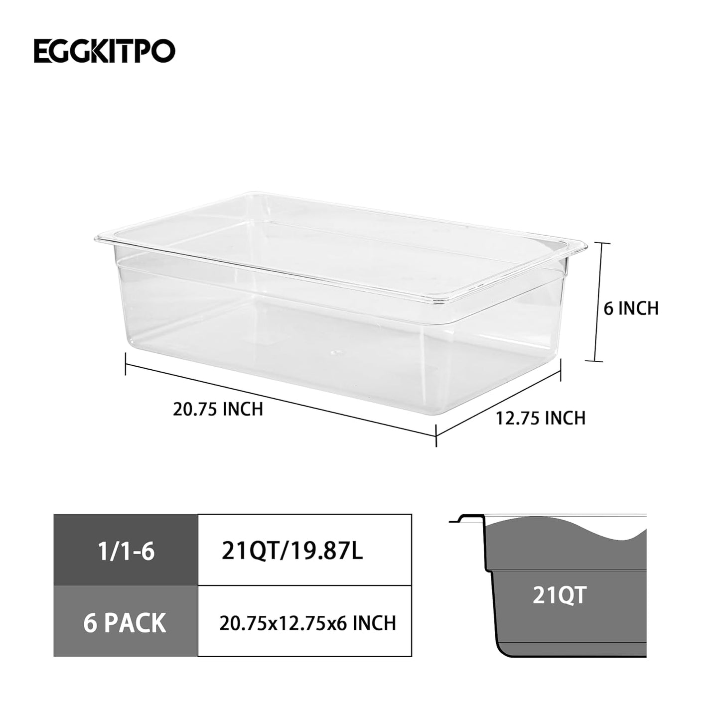 EGGKITP Full Size Clear Food Pans 6 pack 6 Inch Deep Pan Stackable Polycarbonate Food Pan for Restaurant Use BPA free freezer-safe Clear
