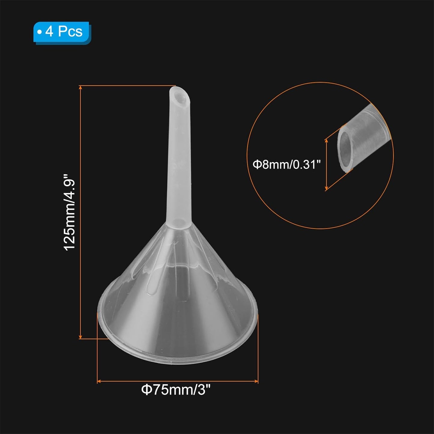 PATIKIL 3 Inch Clear Plastic Funnel, 4 Pcs Wide Mouth Multipurpose Transfer Funnel with Long Spout for Filling Water Bottle Liquid Lab Spices Powder Oil