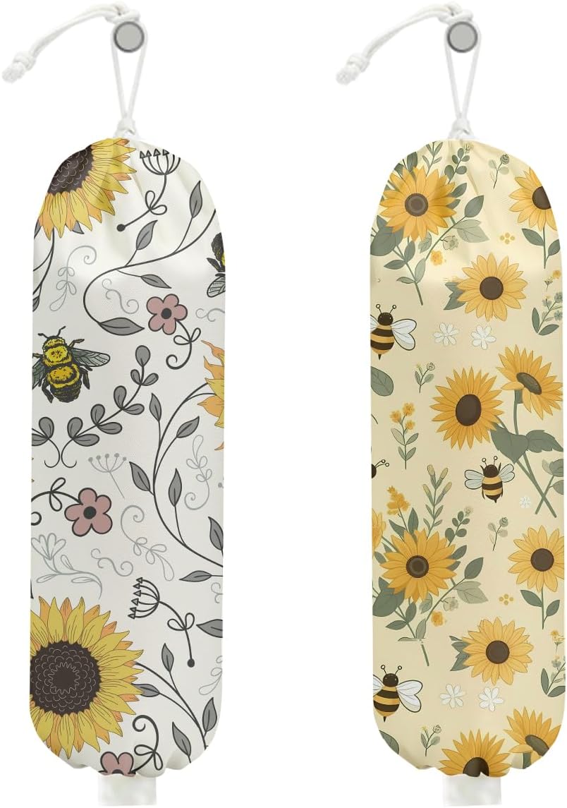 2Pcs Cute Bee Plastic Bag Holder, Wall Mount Grocery Bag Holder for Plastic Bags, Vintage Rustic Sunflower Reusable Grocery Bags Storage Dispenser for Home Kitchen Pantry, Sunflower Gifts for Women