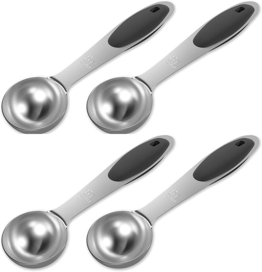 4PCS 1 Tsp(1/3tbsp, 1/6oz, 5ml) Single Measuring Spoon with Black Silicone Grip, Stainless Steel Individual Measure Scoop Only