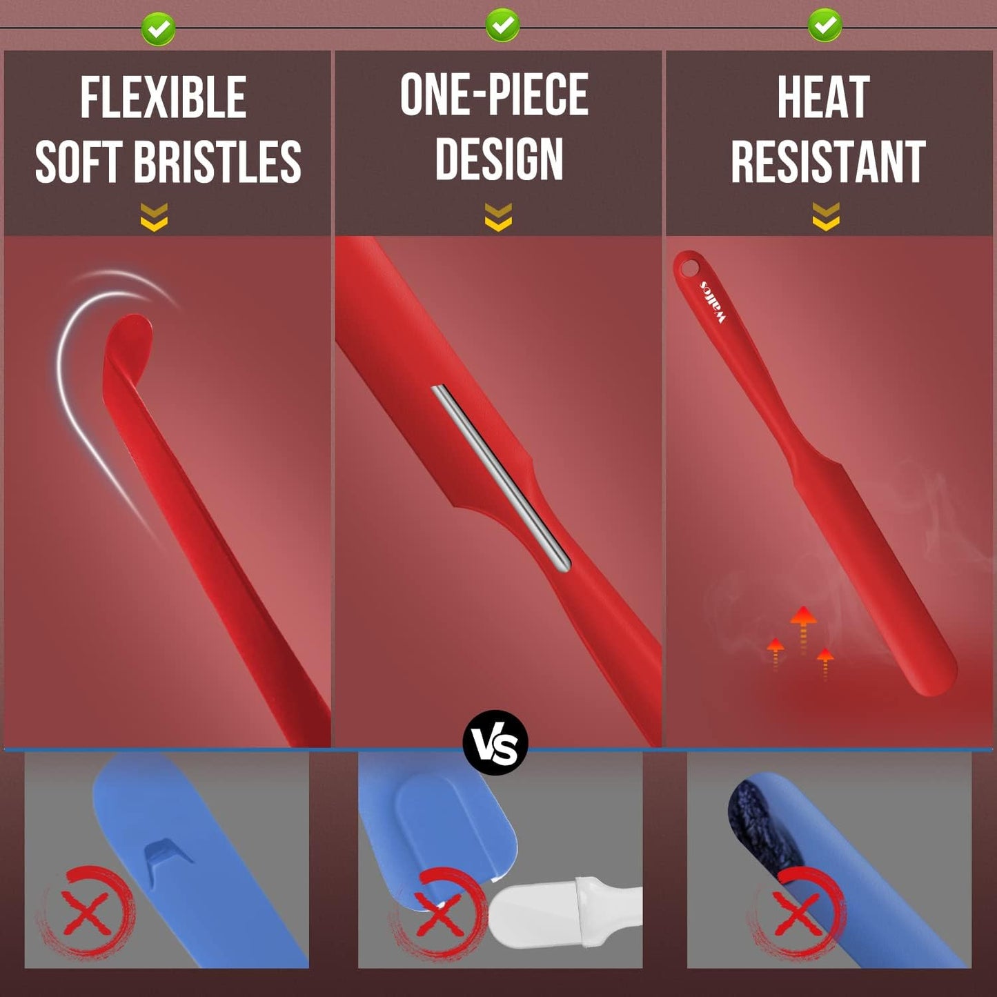 Walfos Silicone Jar Spatula - High Heat Resistant Kitchen Spatulas(450°F）,Cake Cream Butter Spatulas, for Cooking Mixing -BPA Free and Dishwasher Safe Mixing Batter Scraper Spatula, Red(2pcs)