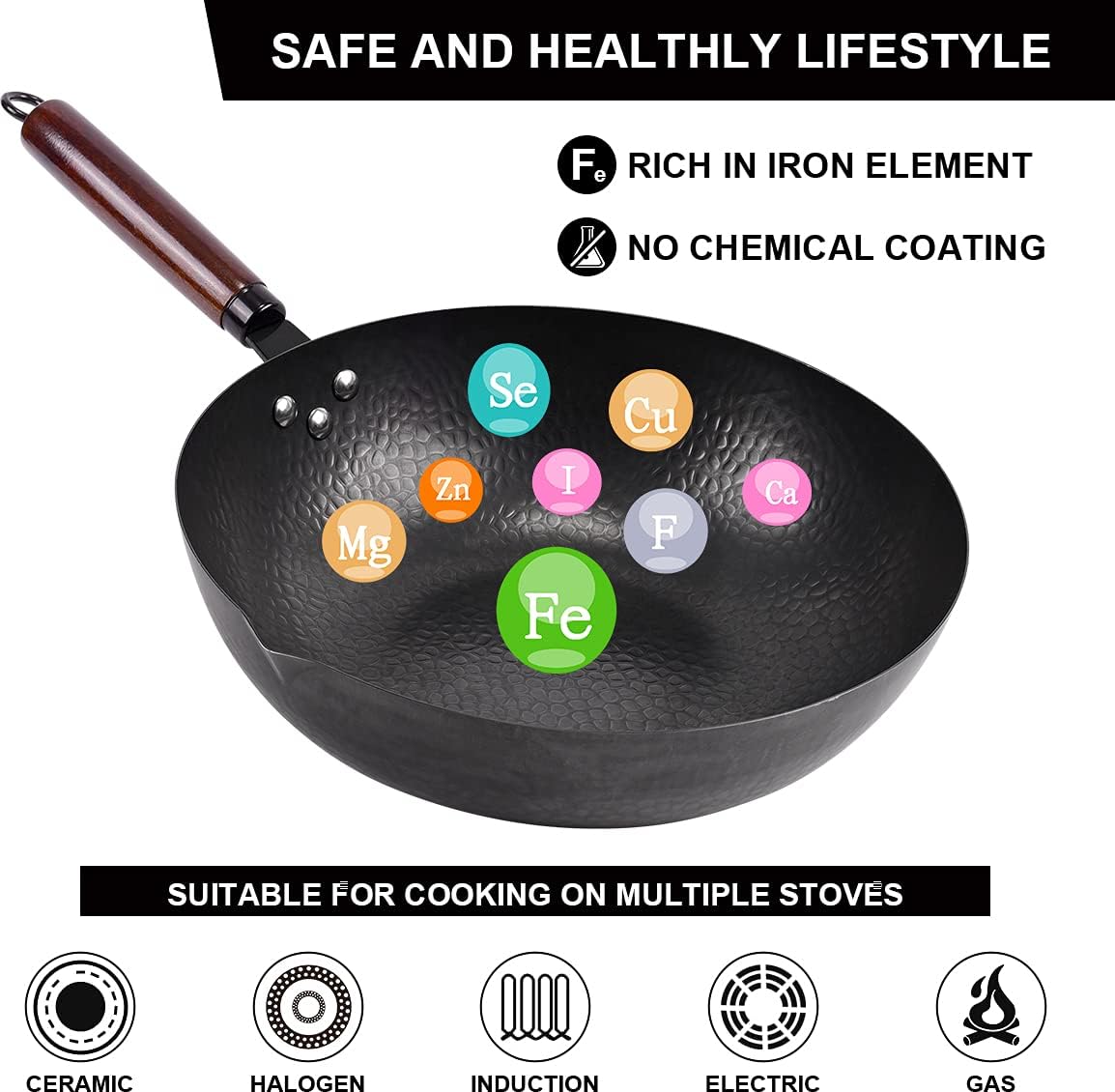 12.8" Carbon Steel Wok-11Pcs Woks & Stir Fry Pans Wok Pan with Lid, No Chemical Coated Chinese Woks with 10 Cookware Accessories, Flat Bottom Wok for Electric, Induction,Gas Stoves