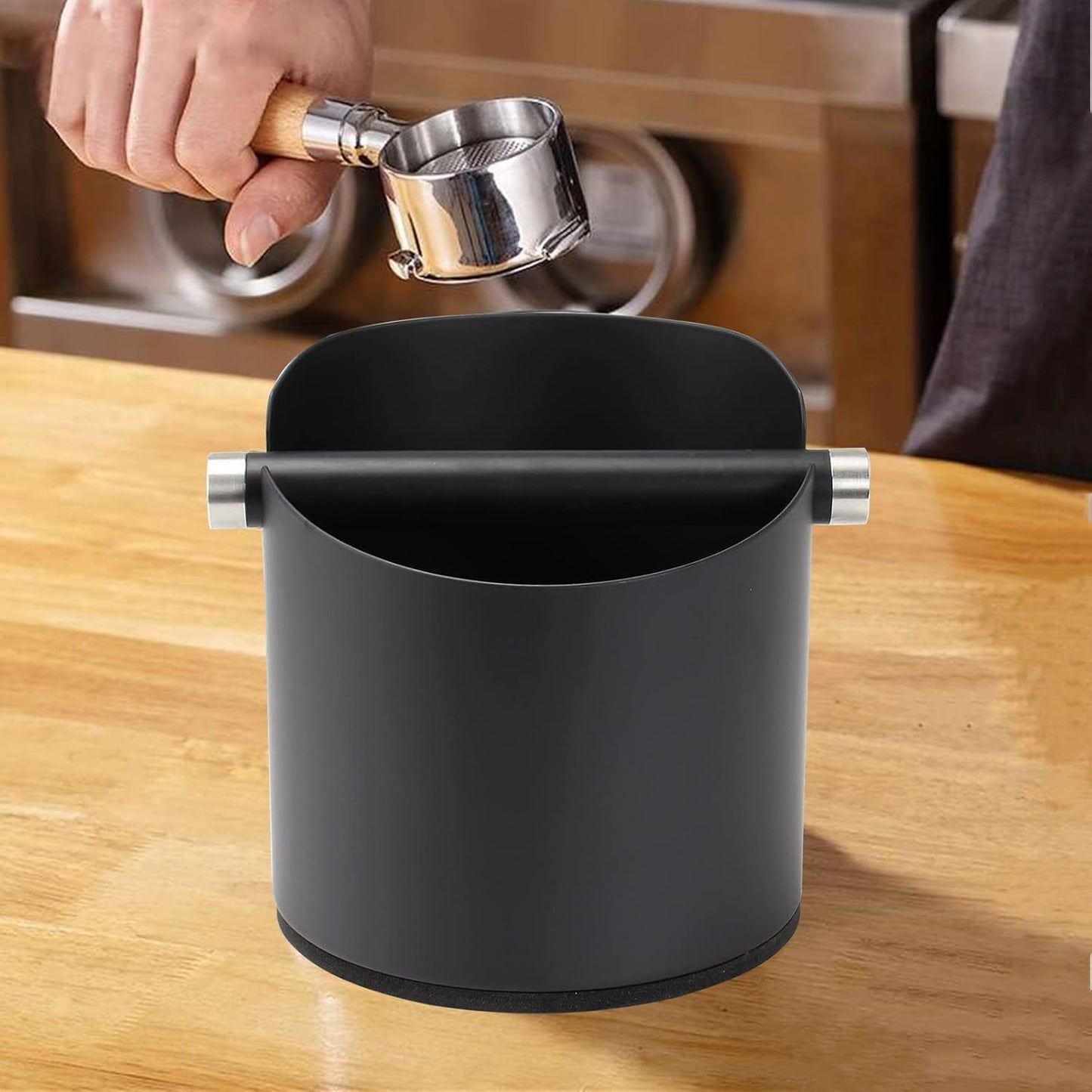 DIBTSA Large Size Coffee Knock Box, Espresso Knock Box Stainless Steel Espresso Machine Accessories with Removable Knock Bar and Non-Slip Base Coffee Grounds Container Bin (Black)